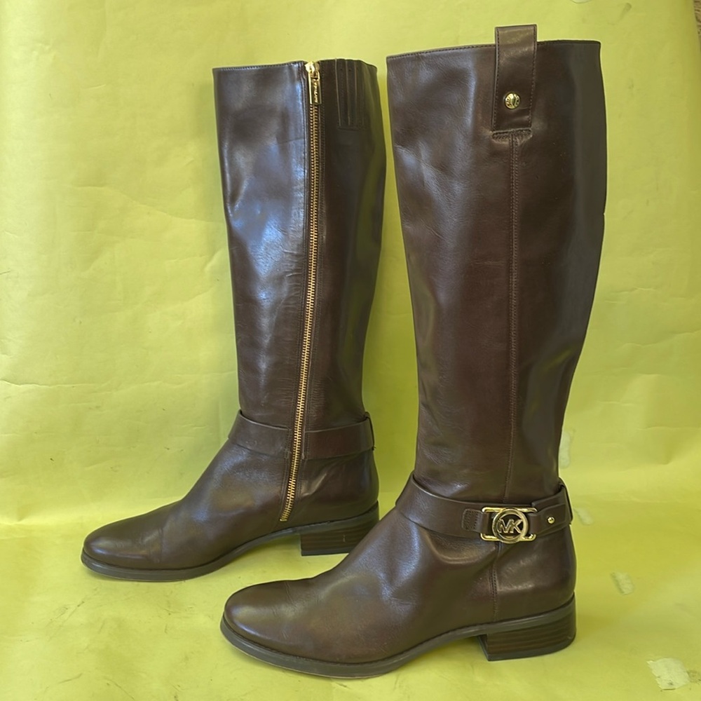 Dark brown/gold Michael Kors distressed leather riding boots